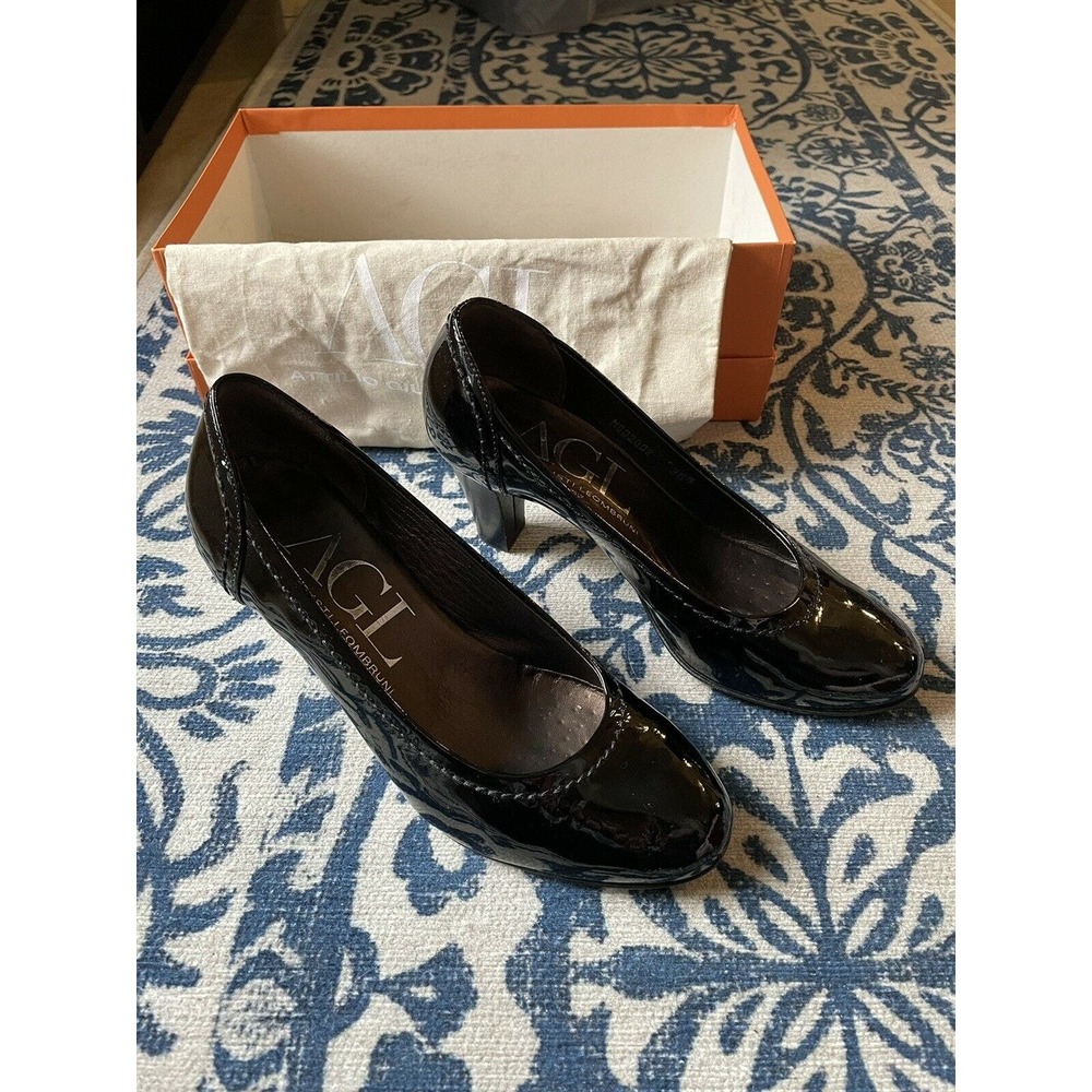 AGL Attillio Giusti Leombruni black patent leather pumps heels 6.5 box dust bag